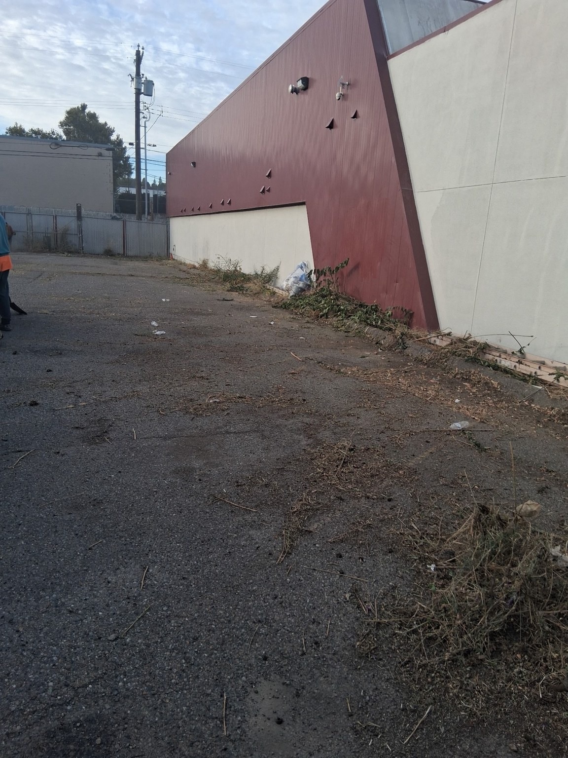 Asphalt and building edge at a commercial property.